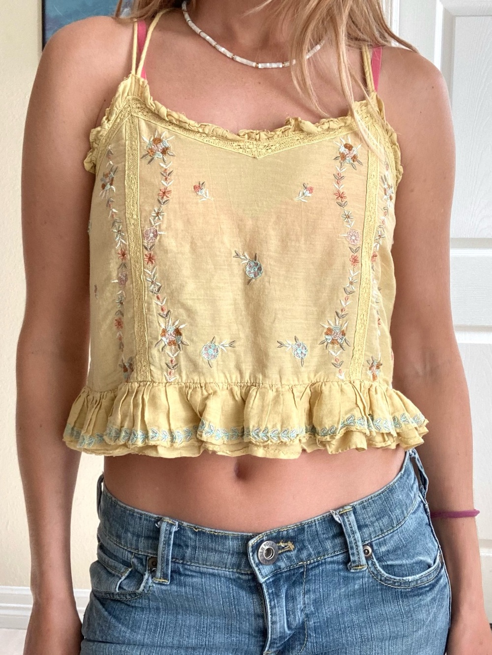 Let Me Be Anthropologie embroidered floral cross back cropped tank top